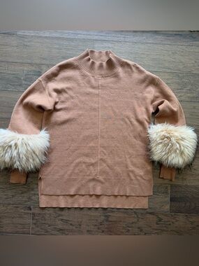 Women’s OST Chestnut Brown Mock Neck Sweater with Faux Fur Cuffs size XS